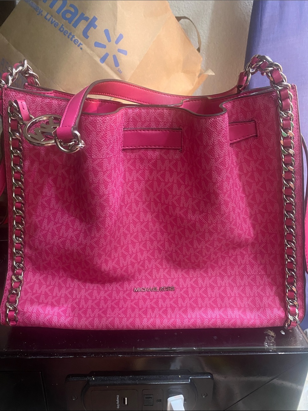 Michael Kors Hot Pink MK Logo Chain-Accent Tote - Picture 2 of 6
